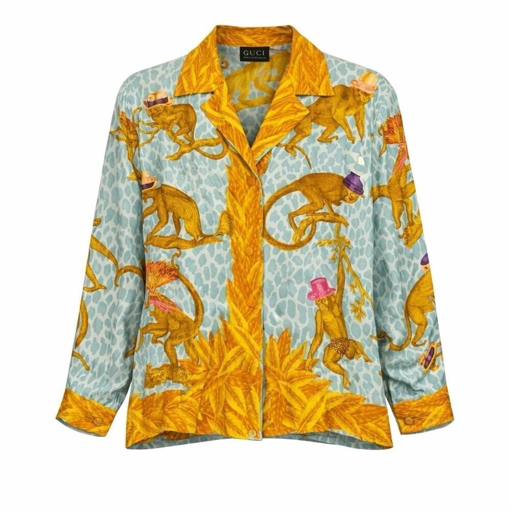 Gucci Silk Monkey Print Shirt 44 IT US 8 Michele Era Pajama Blouse